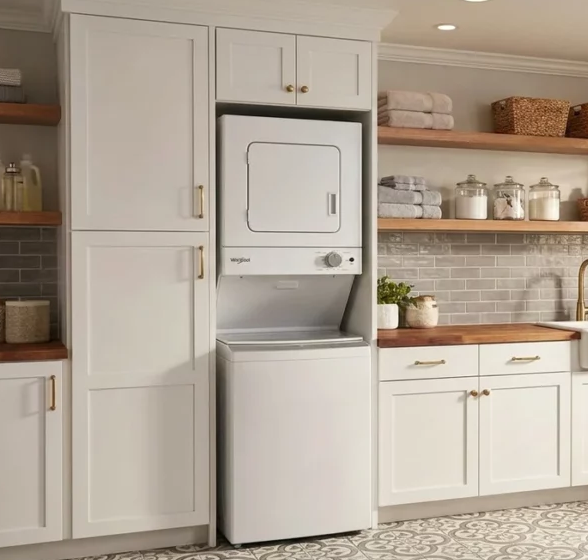 A stacked white washer and dryer built in between white cabinets and open wooden shelves