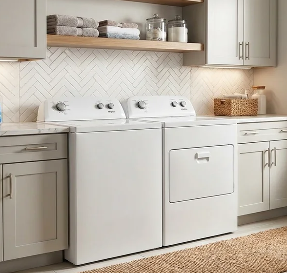 A white top-load washer and dryer between gray cabinets in a laundry room with a herringbone tile backsplash